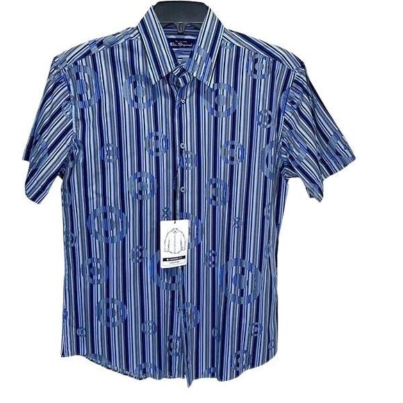 Ben Sherman Mens Carnaby Fit Stripe Short Sleeve Button Up Shirt Blue Medium NWT - Picture 1 of 10